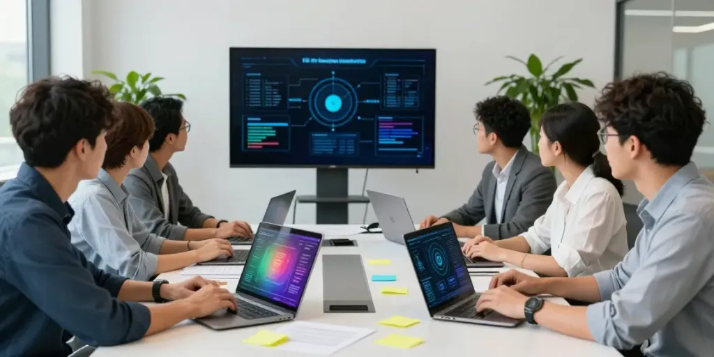 IT-Sicherheit Frankfurt: IT-Sicherheitsexperten im modernen Büro bei der Zusammenarbeit.